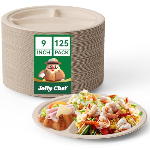 JOLLY CHEF Compostable  Compartment Paper Plates   [ ] Heavy Duty Divided Disposable Eco-Friendly Bagasse Biodegradable Round Trays for Dinner Lunch Thanksgiving Day (Brown)