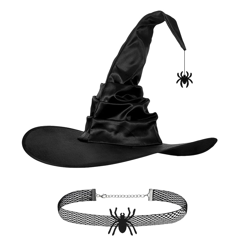 Black Folds Witch Hat with Spider Bat Adult Women Halloween Wizard Hat Magic Cap Headwear Teen Party Masquerade Carnival Cosplay Fancy Dress Costume Accessory (Black Hanging Spider+Spider Choker)