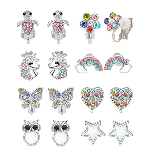 8 Pairs Clip on/Stud Earrings for Girls kids Toddler Hypoallergenic Cute Clip-on Earrings for Childrens Teen Unicorn Butterfly Turtle Clip Stud Earrings Multiple Jewelry Gift 3 Years Old+