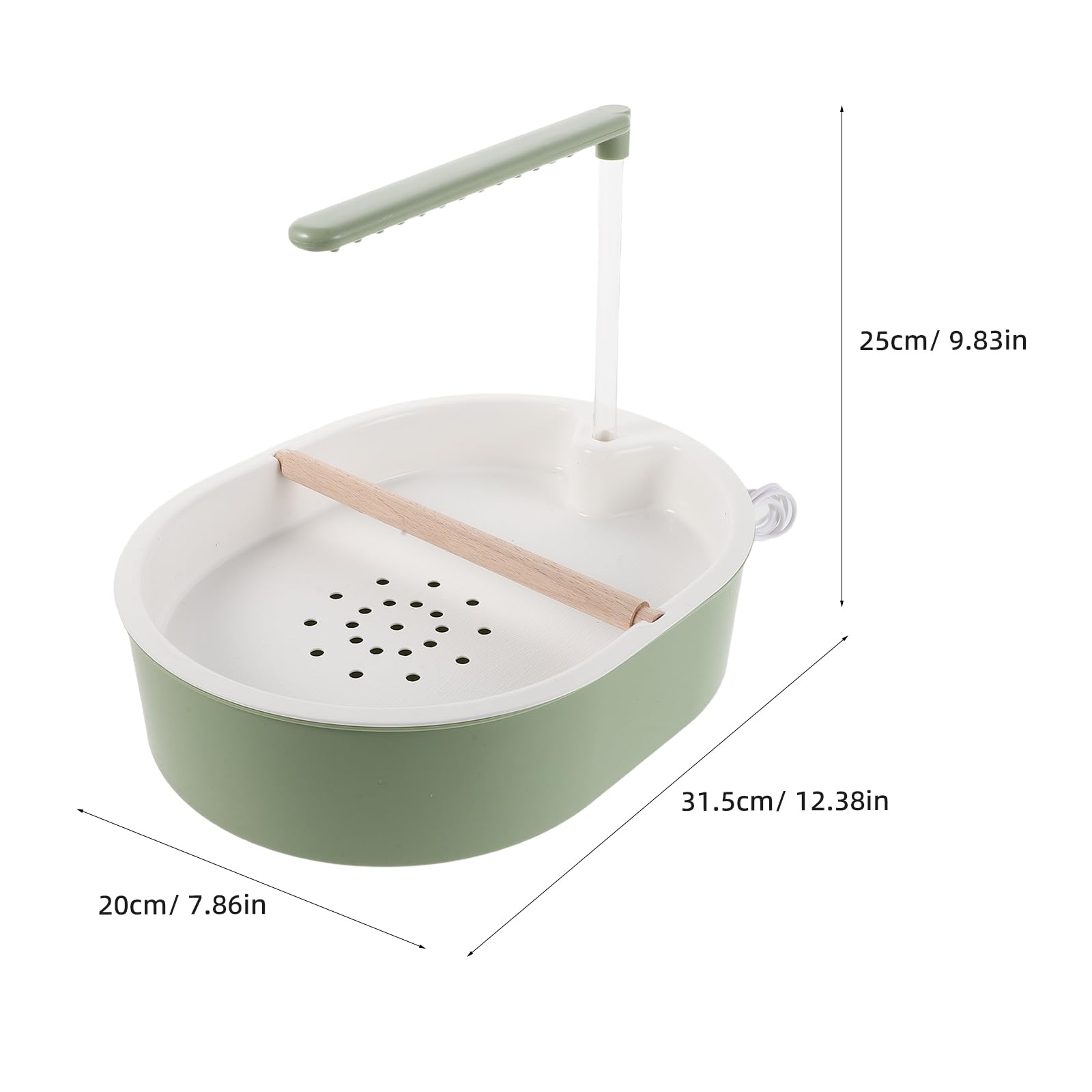 Bañera para Pájaros Automática con Bomba de Agua Ajustable, Ducha Tipo Lluvia, Cuenco de Plástico Azul Grisáceo con Tubo Transparente 20 Cm y Barra de Madera de Haya