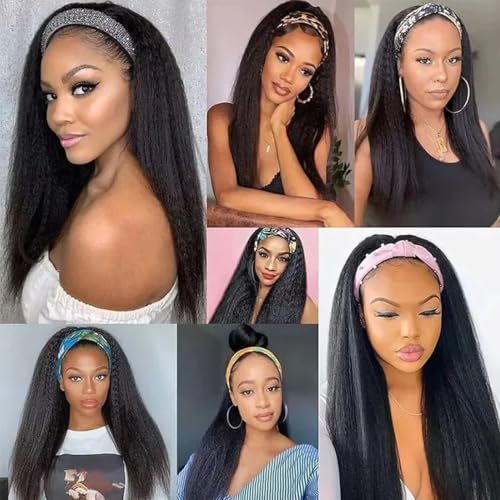 Image of 200 Density Kinky Straight Headband Wig Human Hair 26 Inch Yaki Straight Half Wig Human Hair None Lace Front Wigs for Black Women Natural Color, 100% Human Hair, No Shedding