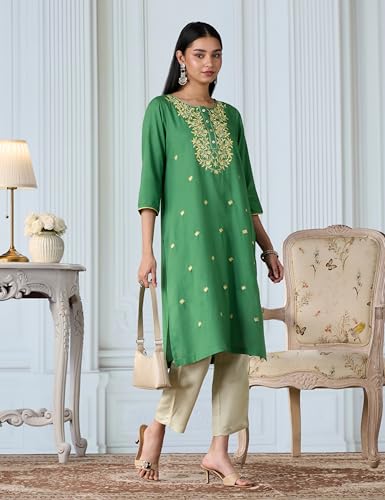 Image of Amazon Brand - Myx Women Embroidered Straight Fit Kurta (Available in Plus Sizes)