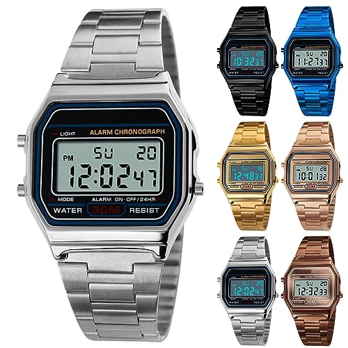Yuehuamech Herren- Digital- Quarz- Uhr, Luxus- Business- Armbanduhr 30M Elektronischer Chronograph wasserdichte Digitaluhr Sportuhr mit Edelstahlarmband LED- Hintergrundbeleuchtung