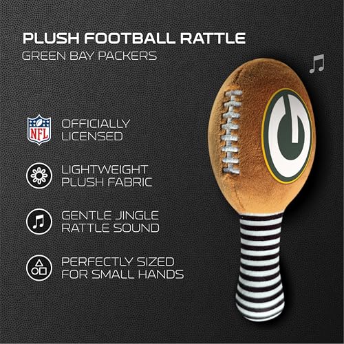 Image of Green Bay Packers Plush Football Rattle by Smilo - Officially Licensed NFL Baby Rattle Toy - Soft Baby Rattle with Bell - for Babies and Toddlers from 3 Months