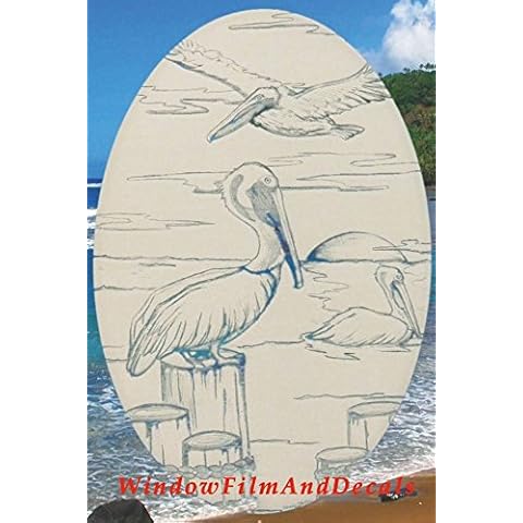 Oval Pelican Etched Window Decal Vinyl Glass Cling - 15" x 23" - White with Clear Design Elements Cover