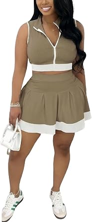 Ophestin Women 2 Piece Outfits Colorblock Workout Tennis Skirt Sets Zipper Crop Top Pleated Mini Dress Going Out Party