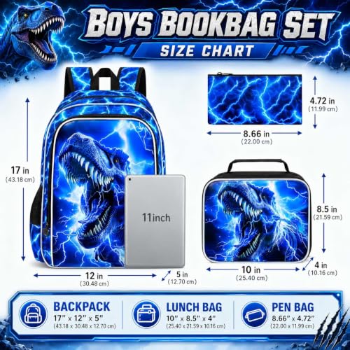 Image of 17 inch Dinosaur Backpack, Boys Lightning Kids Bookbag with Lunch Box, 3Pcs Dino School Backpacks for Elementary Preschool Kindergarten (Blue)