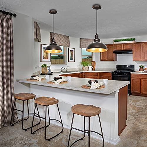 Image of 2 Pack Bronze Pendant Lights Kitchen Island Industrial Adjustable Hanging Barn Light Fixtures | ETL Certificate, Easy to Install,Adjustable Height Cord,Vintage Industrial Dome Hanging Light Fixtures