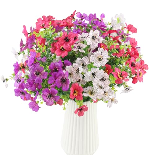 LEIMEND 6 Paquetes de Flores Artificiales Decoracion Rosa Blanca Púrpura Flores y Plantas Artificiales Flore Artificiales Exterior Adecuado para Jardines de Balcón de Sobremesa
