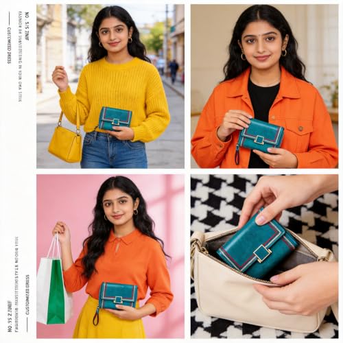 Image of PALAY Women's Bi-fold Leather Wallet - Turquoise Vintage Card Bag with Large Capacity and RFID Blocking