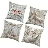 Faites la promotion de votre décoration de vacances avec cet ensemble de 4 housses de coussin de Noël avec de jolis motifs de neige, de rennes et d'arbres fabriqués à partir de tissu doux peau de pêche pour une ambiance saisonnière durable