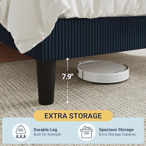 Image of Allewie King Bed Frame, Corduroy Tufted Headboard, Dark Blue | Soft Corduroy Fabric, Adjustable Headboard, 1000 lb Capacity, Wooden Slats, No Box Spring Needed, Easy Assembly