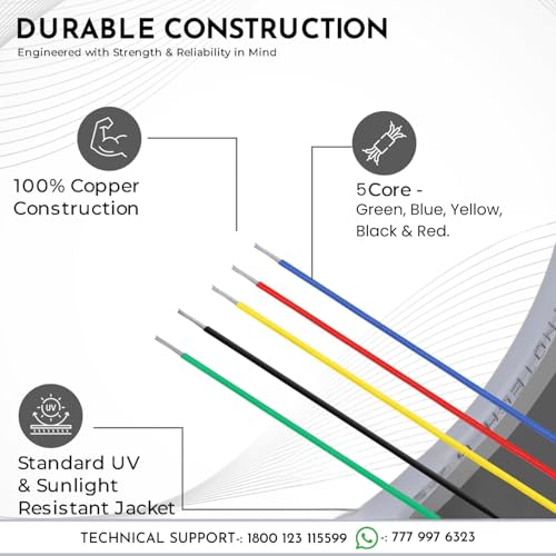 Image of RATNOTECH 5 Core Copper Wire for Water Level Controller & Indicator, 20 Meters - Tinned Copper, Virgin PVC, Durable Multistrand, Color-Coded for Easy Installation