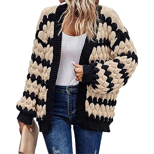 Women's Chunky Knit Open Front Sweater Lightweight Winter Color Block Coats Long Sleeve Loose Cardigan Outerwear (Medium,Apricot)