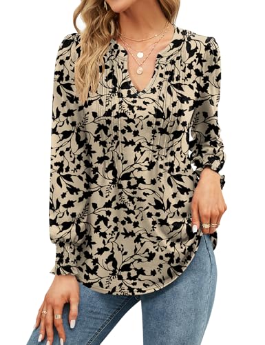 EFFAN Womens Tops V Neck Elegant Long Sleeve Casual T Shirts Xmas Pleated Puff Floaty Floral Printed Tunic Blouse, Floral Apricot M (UK 12-14)