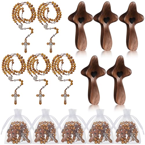 Quelay 15 Pcs Cross My Heart Encouragement Gift Pocket Wooden Cross Fidget and Rosary Set with Organza Bags for Catholic Men Religious Baptism Praying