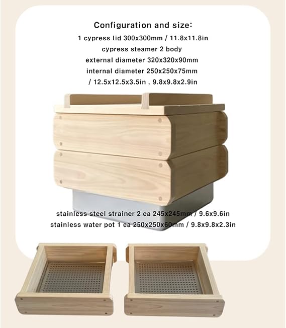 Premium round edge Square 9.8 Inch Handmade Bamboo Steamer - Two Tier with stainless steel pot, 11.8x11.8in