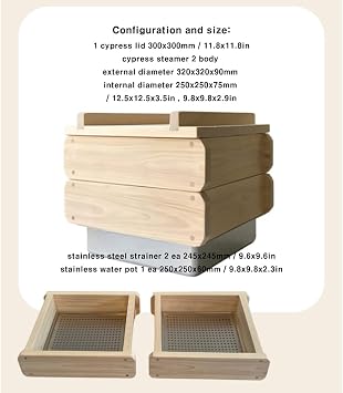 Premium round edge Square 9.8 Inch Handmade Bamboo Steamer - Two Tier with stainless steel pot, 11.8x11.8in