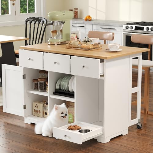 Merax Isla de cocina móvil con encimera plegable, armario de cocina con ruedas, con 3 cajones y 1 armario y almacenamiento de 2 capas, área para mascotas con 2 cuencos de acero inoxidable, 120 x 70 x