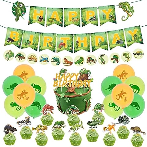 CrzPai Reptile Lizard Party Decorations, Lizard Jungle Wild Party Supplies with Happy Birthday Banner, Lizard Stickers, Cake Toppers, Balloons for Kids Swamp Safari Animal Theme Party Cover