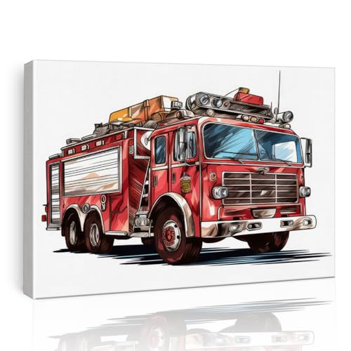 Firetruck Wall Art Boys Room Decor Watercolor Firetruck Poster Framed Painting Print Canvas Artwork for Home Office Nursery Decor 12 X 15 Inch