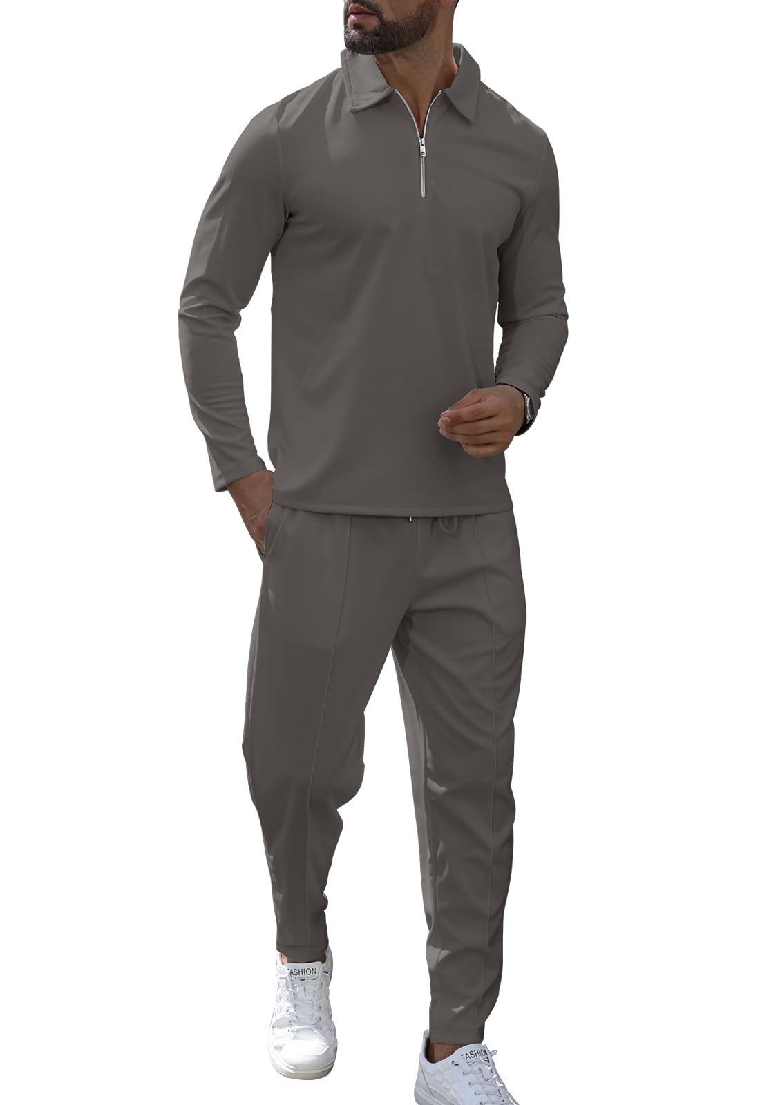 KUYIGO Trainingspakken voor heren, 2-delige outfits, trainingspak met lange mouwen en volledige rits, sweatshirt en joggingbroeken, wafeltops, bodems, casual trui, sport, activewear, golfjaspak, Kaki KUYIGO Trainingspakken voor heren, 2-delige outfits, trainingspak met lange mouwen en volledige rits, sweatshirt en joggingbroeken, wafeltops, bodems, casual trui, sport, activewear, golfjaspak, Kaki