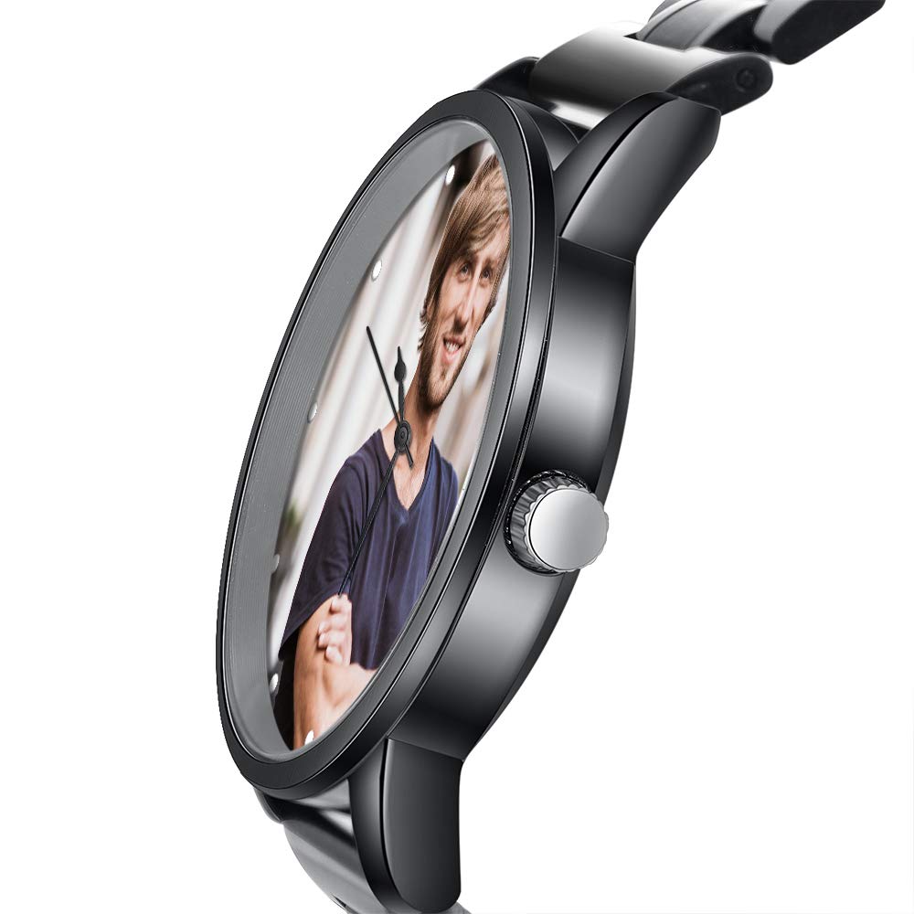 kaululu Personalisierte Armbanduhr Herren mit Foto und Namen Gravur, Uhren mit Edelstahl PU-Lederarmband, Geschenk für Papa, Ehemann, Opa, Vatertagsgeschenke