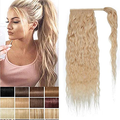 Ponytail Extensions Remy Echthaar Clip in Pferdeschwanz Zopf Extensions Corn Wave Haarverlängerung Gebleichtes Blond #613(35cm-80g) Cover