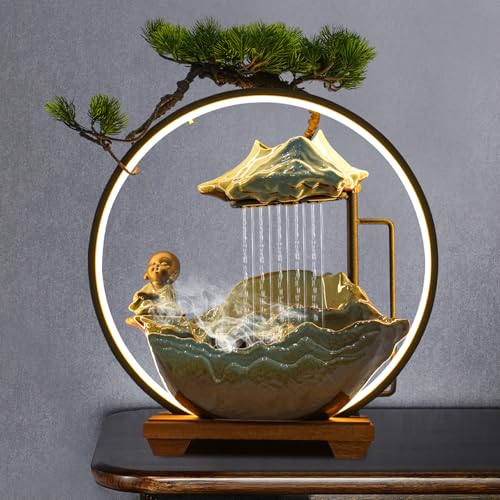 WUSILILU Tabletop Water Fountain, Indoor Water Ornaments w/LED Mist Desk Feng Shui, Desktop Fountain Decoration for Indoor, Fit Office Home Decor for Good Luck Wealth