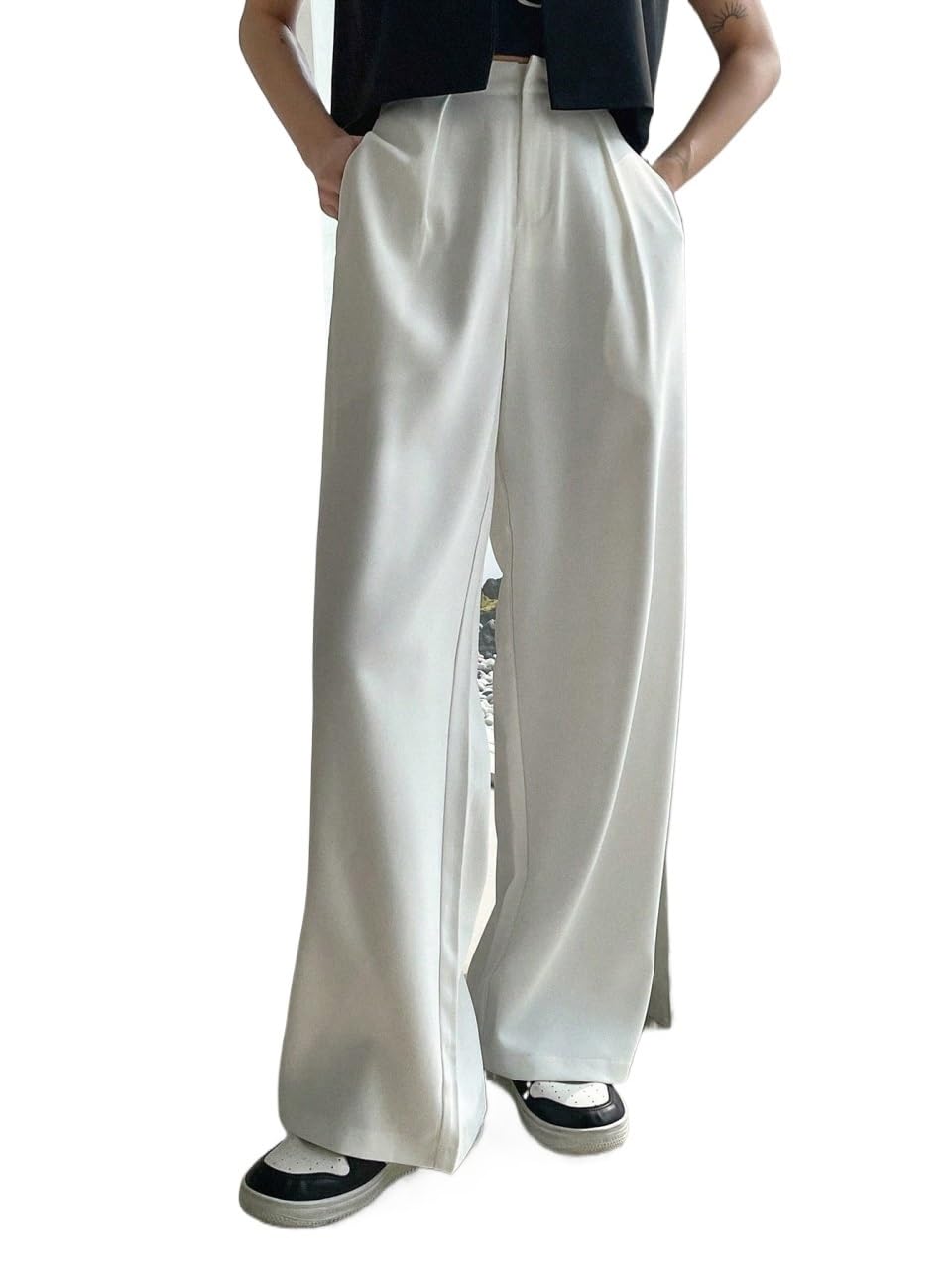 Womens Fall Solid Color Casual Pocket Wide Leg Pants Trousers