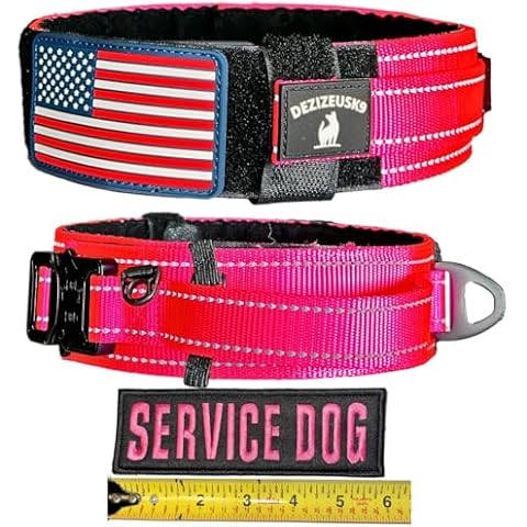 Dog Collar for Large Dogs - Neon Pink Tactical Dog Collar with Control Handle Metal Buckle - Service Dog Collar Vest Patches - 2 X 6 Inch Embroidered - Hook & Loop Cover