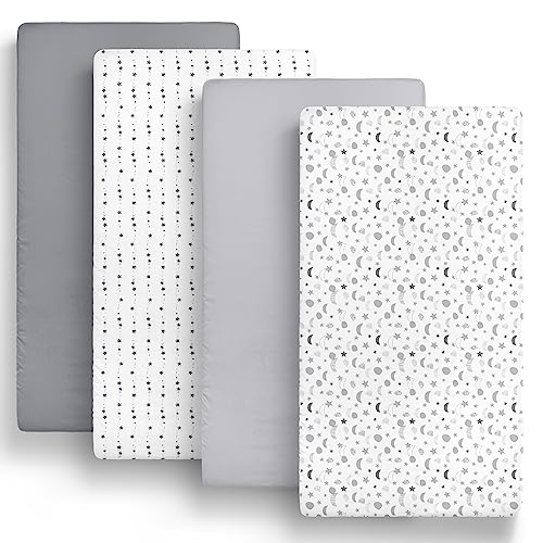 Image of The Peanutshell Fitted Crib Sheets Set, Unisex 4 Pack Celestial Print, Grey Moon & Stars