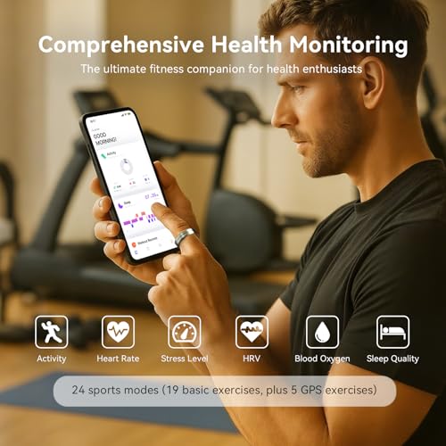 Image of Smart Ring for Women and Men, 5ATM Waterproof Smart Rings Health Tracker with Sleep /Stress /Heart Rate /Activity Monitor, No Subscription, Smart Rings Fitness Tracker for Android iOS, Size 9, Silver