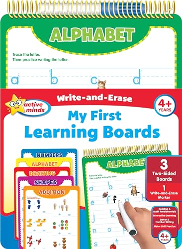 Active Minds – Write-and-Erase – Wipe Clean Learning Boards Ages 4+ – Numbers, Addition, Alphabet, Shapes, and Drawing