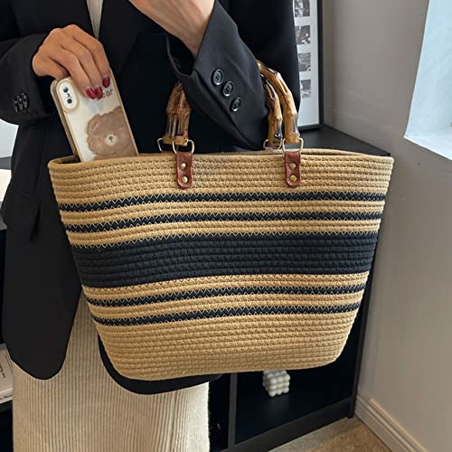 Sac fourre-tout rétro en paille robuste et poignée rigide - 6