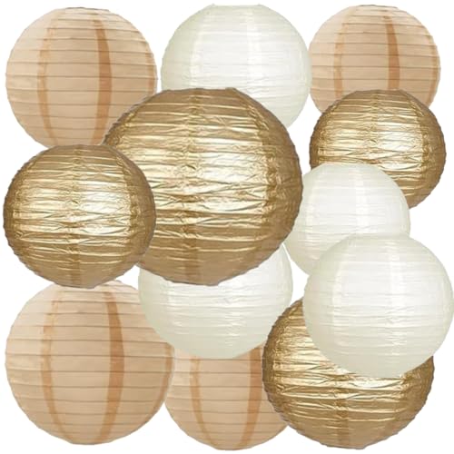 We Moment Zone 12 Stück Papier Lampions Gold Cream und Khaki Runde Papierlaterne Papier Laterne für Lampenschirm Gold Deko, Geburtstagsfeier,Hochzeitsdekorationen,Gartenparty Deko