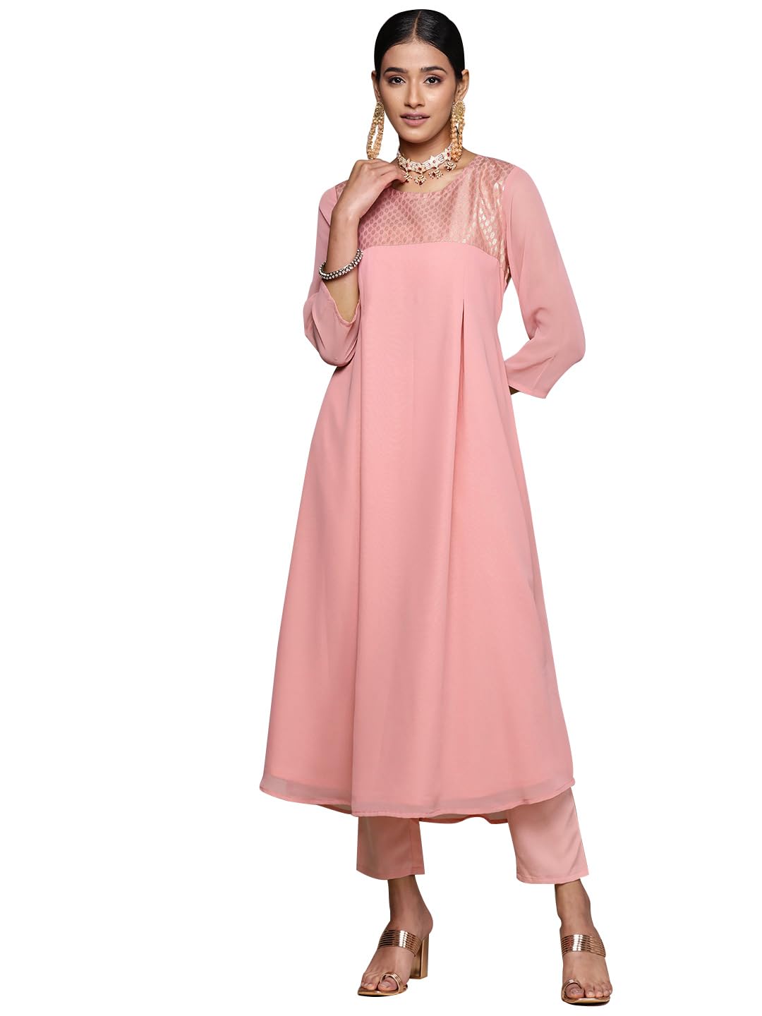 ZIYAAWomen's Pink Georgette Flared Kurta Pant Set (ZIKUGR3976ANDPA)