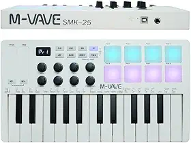 Teclado controlador MIDI USB de 25 teclas com 8 pads de bateria retroiluminados, teclado dinâmico profissional semipesado Bluetooth, 8 botões e produção musical