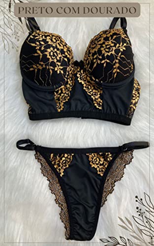 Conjunto lingerie com bojo estilo cropped e calcinha fio (Preto/Dourado, P)