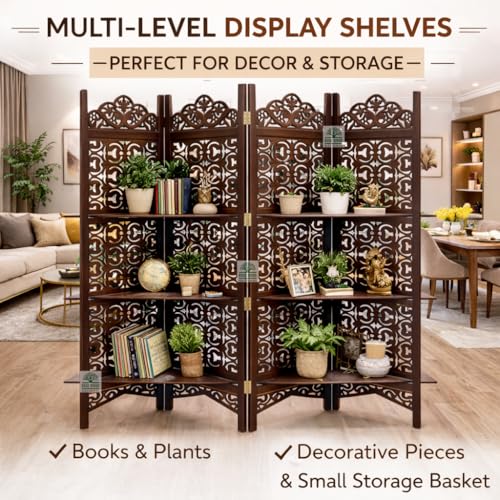 Image of Wooden Room Divider 6 Feet, 4-Panel Folding Wooden Partition for Living Room, Office, Pooja Room, Restaurant, Kitchen & Balcony (2W x 1.82H Meters). (Brown Leaf Pattern)