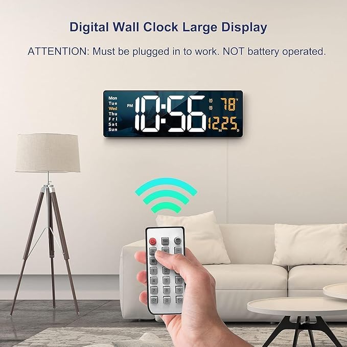 Image of LED Digital Wall Clock Hanging, Auto-Adjustable Brightness, Easy to Read at Night12 /24Hr Auto-Adjustable Brightness Temperature,for Bedroom,Living Room,Office. (White-Orange)