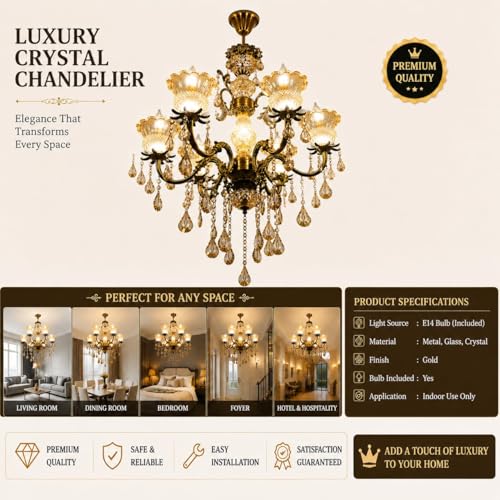Image of Luxury Italian Chandelier Lamp, Antique Gold Finish, 6-Light Italian Hanging Ceiling Light Fixture with Decorative Crystals with Filament Bulbs (Multicolor, 6 * 5W)(Corded Electric,Gold)