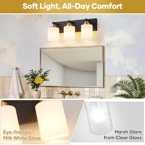 Image of Vanity Lights for Bathroom, 3-Light Black and Gold Bathroom Vanity Light Over Mirror with Milky White Glass Shades, Modern Bathroom Light Fixtures for Living Room Hallway Cabinet (Bulbs Not Included)