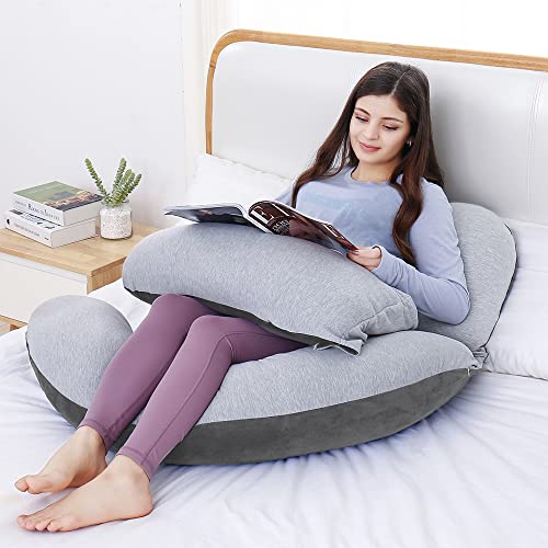 Image of 60in Full Body Pillow | Nursing, Maternity and Pregnancy Pillow | Extra Large U Shape Pillows with Detachable Side, Separate Support Pillow and Removable Cover (Velvet and Jersey Grey)