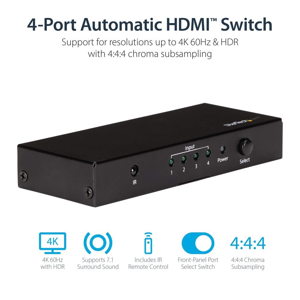 StarTech.com Switch Conmutador Automático HDMI de 4 Puertos - Selector HDMI 4K 60Hz Ultra HD