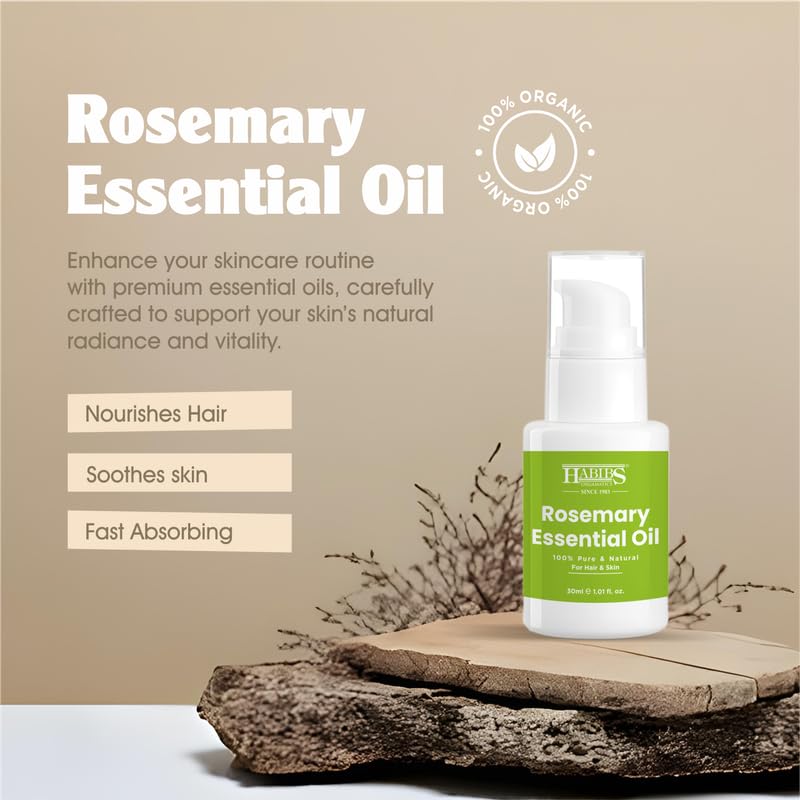 Image of Habibs Pure Rosemary Essential Oil - 100% Undiluted, Therapeutic Grade for Hair Growth, Focus & Aromatherapy 30ML
