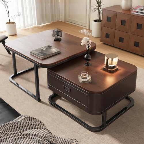 Nesting Coffee Tables Set of 2, Coffee Tables with Storage Drawer, Modern Centre Table featuring Walnut Grain Top and Metal Frame Legs for Living Room, Office, Apartment