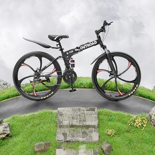 Image of Outroad 26 Inch Folding Mountain Bike, 21 Speed Full Suspension High-Carbon Steel MTB Foldable Bicycle, Dual Disc Brake Non-Slip Adjustable Seat Folding Bikes for Adults /Men /Women, Black, Orange