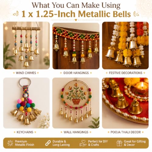 Image of Set of 50 Golden Metallic Bells for DIY Crafts, Pooja Mandir, Christmas Tree, Toran, Latkan & Festive Home Decoration