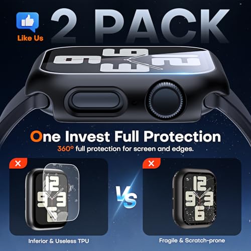 Image of TAURI 2 Pack Hard Case Designed for Apple Watch Series SE 6 5 4 44mm [Full Protection], with 9H Tempered Glass Screen Protector [Touch Sensitive] Slim Bumper Protective Cover 44mm, Black